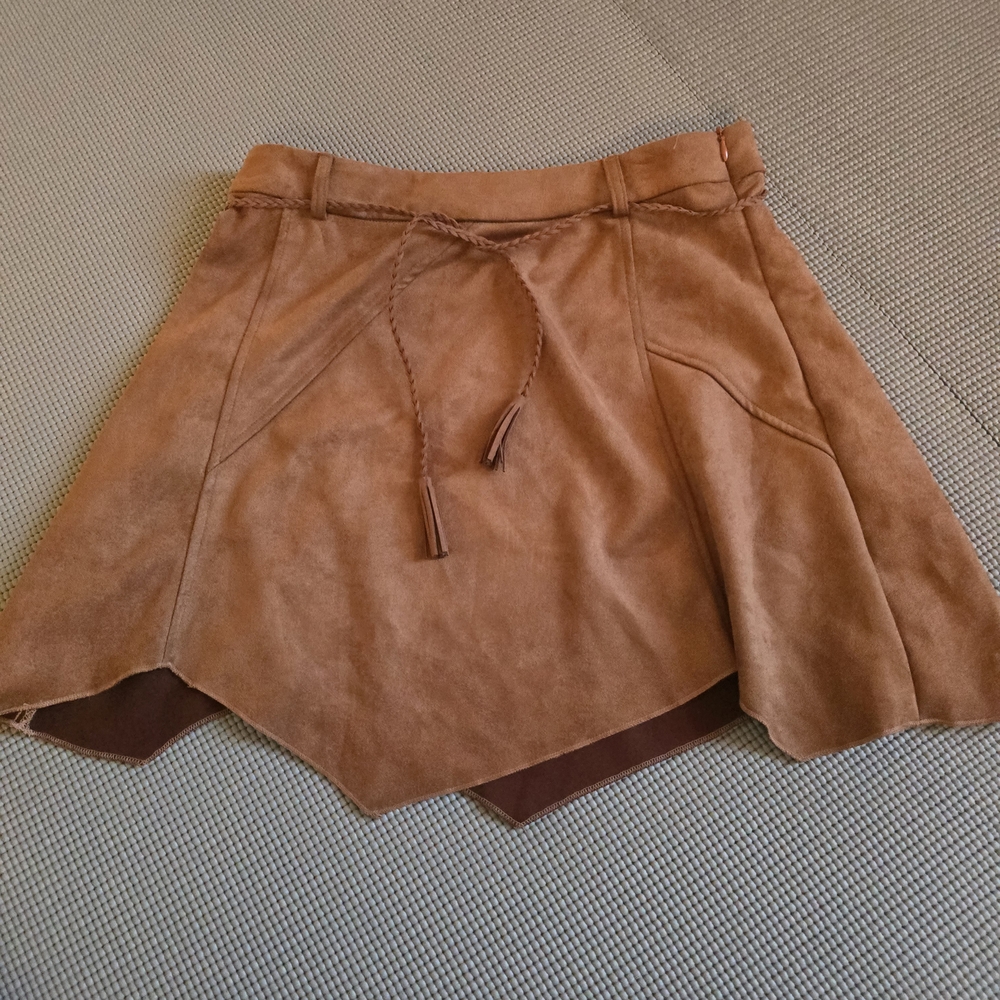 Suede Mini Skirt with Braided Tie - Brown